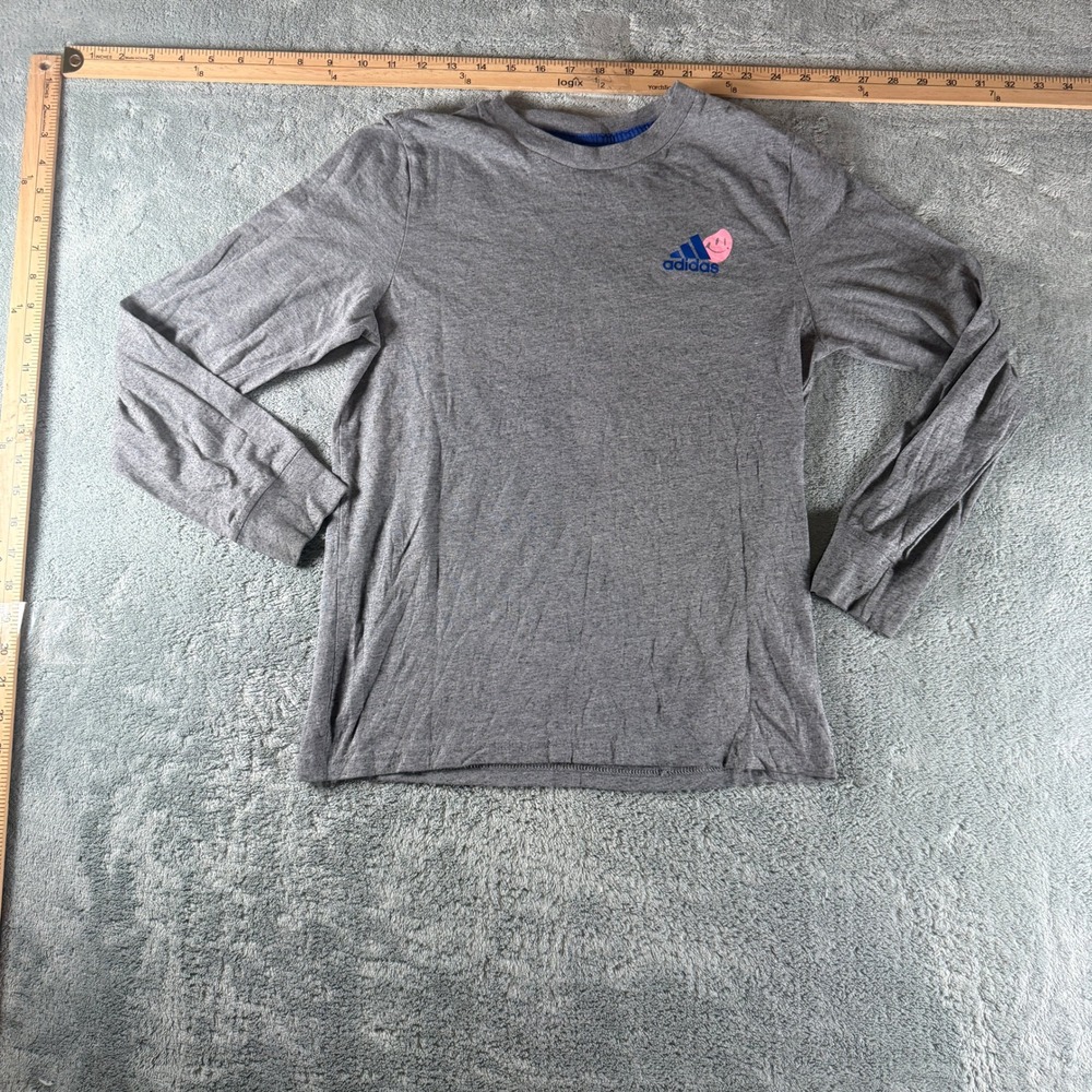 Adidas Boys Gray Long Sleeve Graphic T-Shirt Smiley Face Logo Size M 10/12